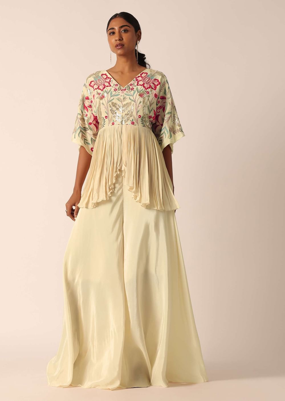 Beige Kurta And Palazzo Set With Bead Work