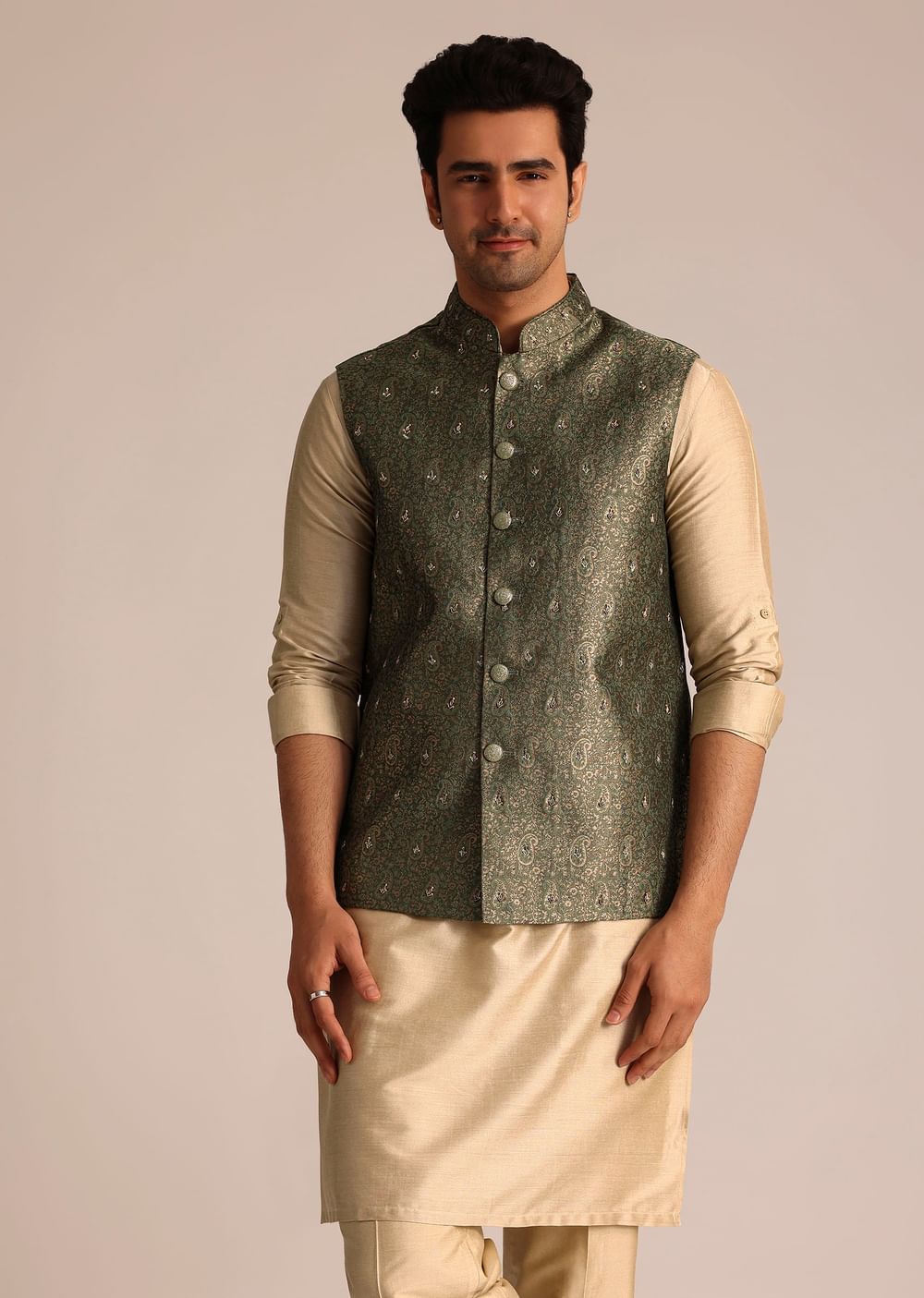 Beige Kurta Pant Set With Green Embroidered Jacket