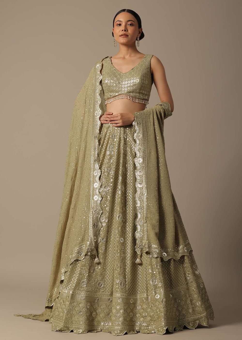 Beige Lehenga Set With Foil Mirror Embroidery