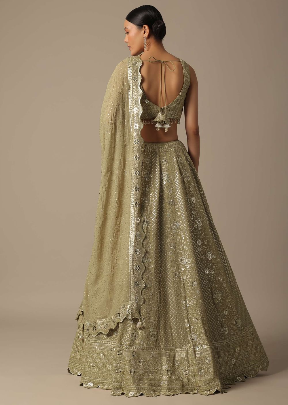 Beige Lehenga Set With Foil Mirror Embroidery