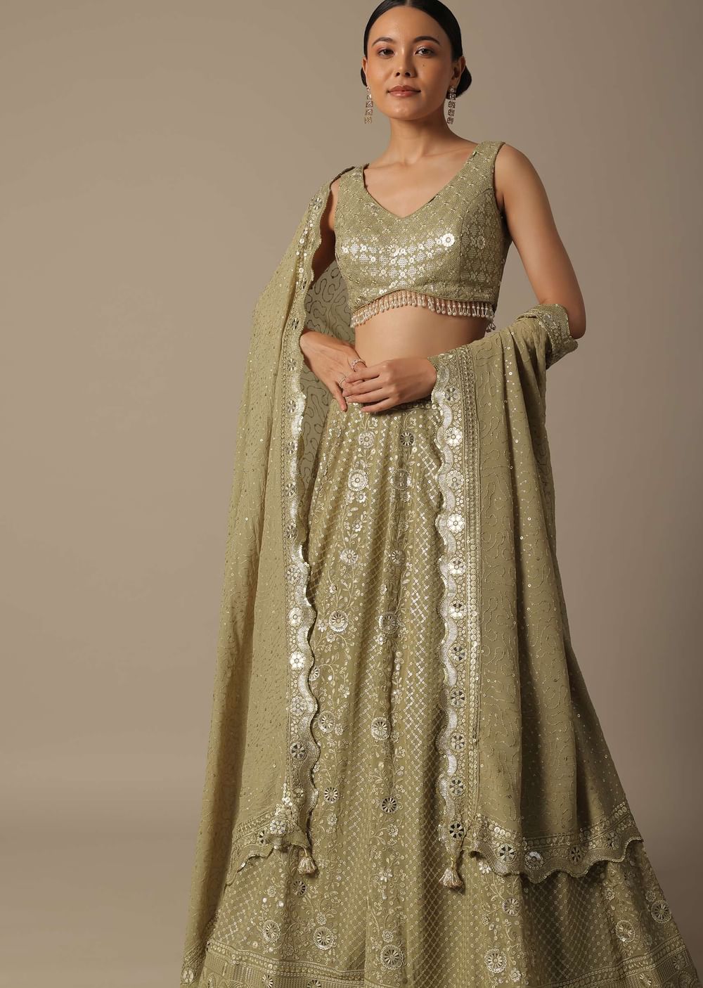 Beige Lehenga Set With Foil Mirror Embroidery