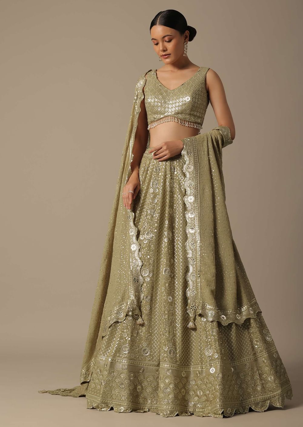 Beige Lehenga Set With Foil Mirror Embroidery