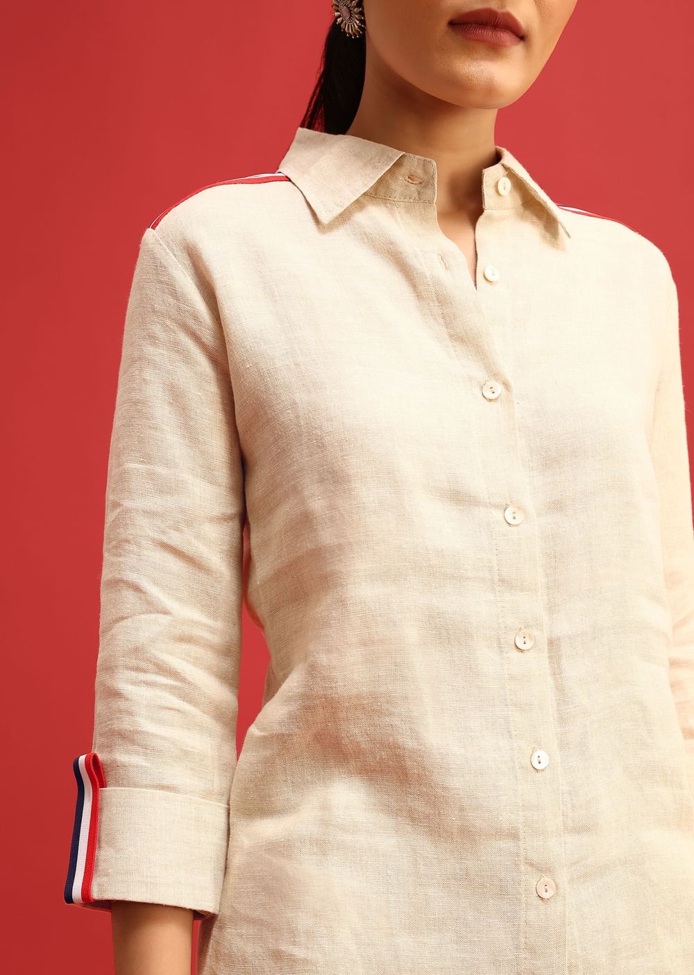 Beige Linen Co ord Set With Patchwork