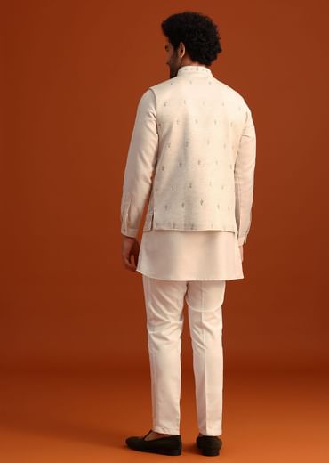 Beige Linen Silk Jacket Kurta And Jacket Set With Aari Work