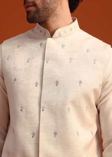 Beige Linen Silk Jacket Kurta And Jacket Set With Aari Work