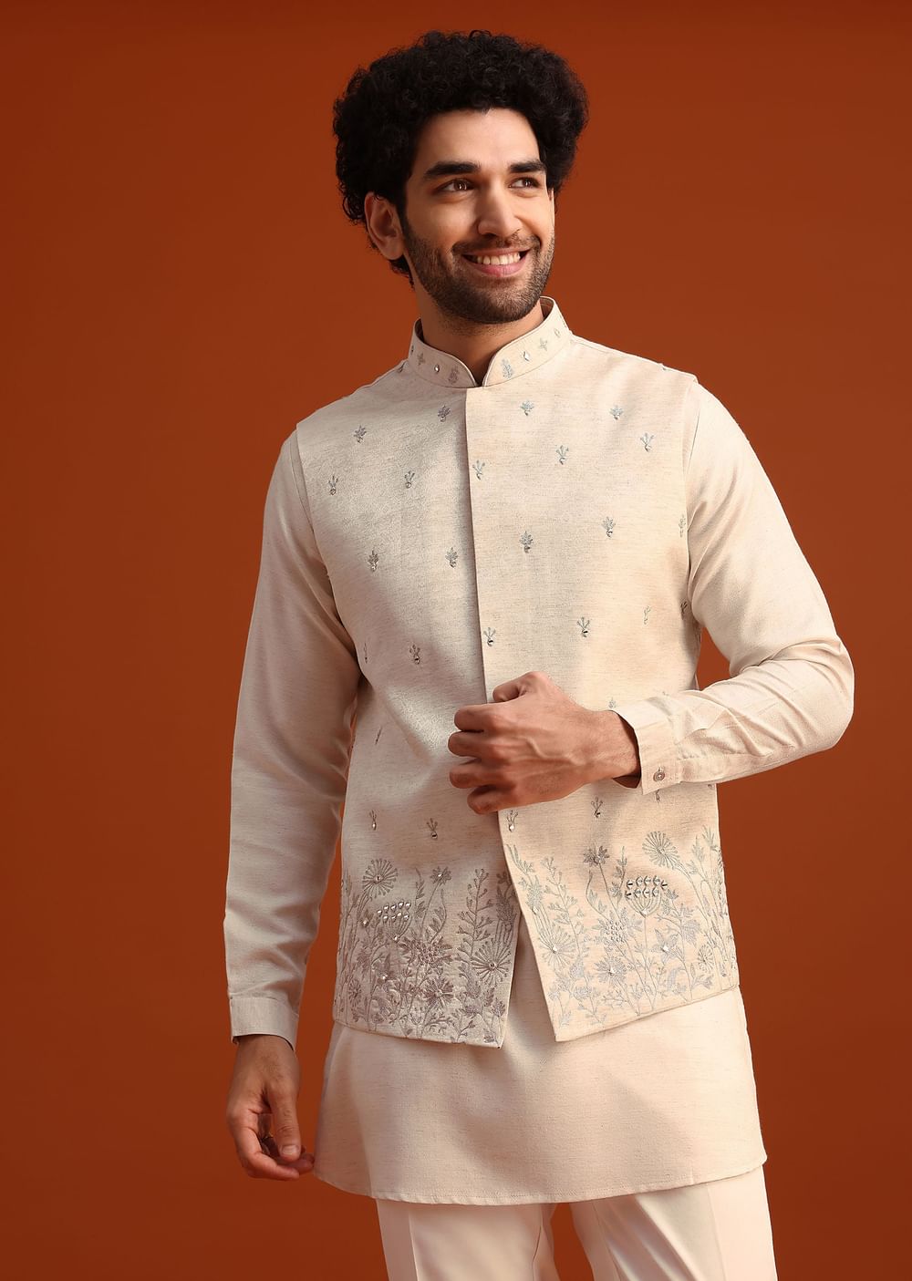 Beige Linen Silk Jacket Kurta And Jacket Set With Aari Work