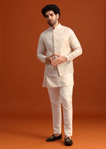 Beige Linen Silk Jacket Kurta And Jacket Set With Aari Work