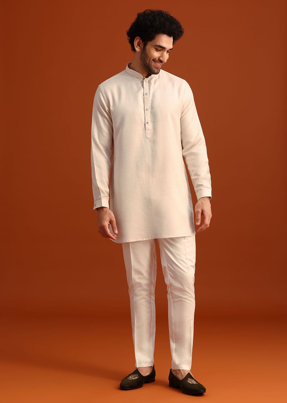 Beige Linen Silk Jacket Kurta And Jacket Set With Aari Work