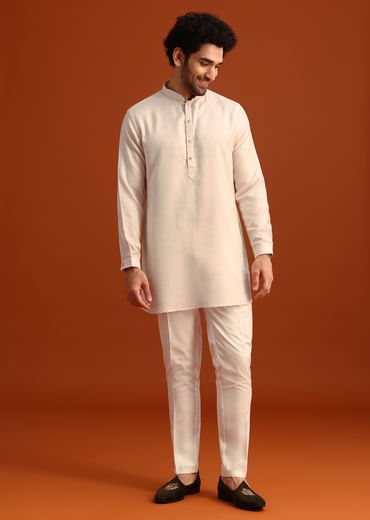 Beige Linen Silk Jacket Kurta And Jacket Set With Aari Work