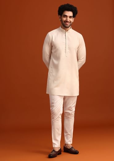 Beige Linen Silk Jacket Kurta And Jacket Set With Mirror Work