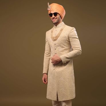 Tan Brown Lucknowi Sherwani Set With Zari And Mirror Work