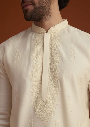 Beige Minimal Embroidered Kurta Pajama Set