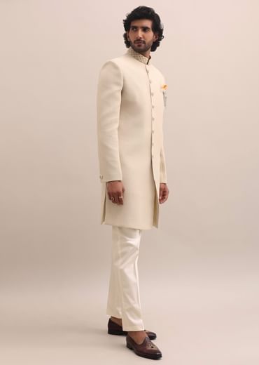 Beige Moti Embroidered Sherwani For Men