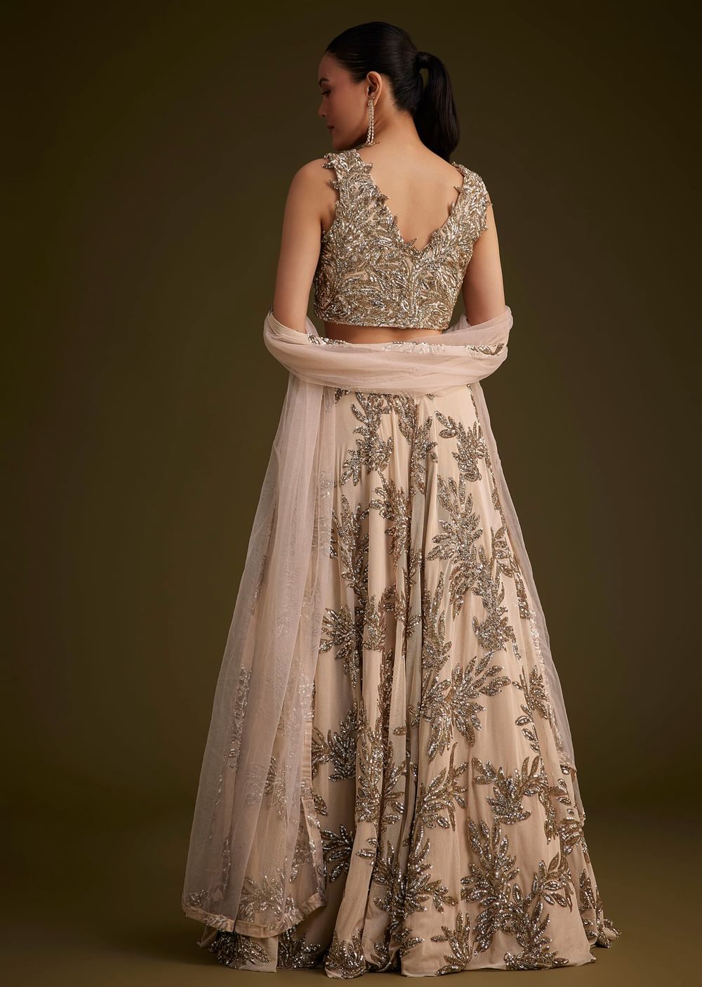 Beige Net Lehenga Set With Sequins Dupatta