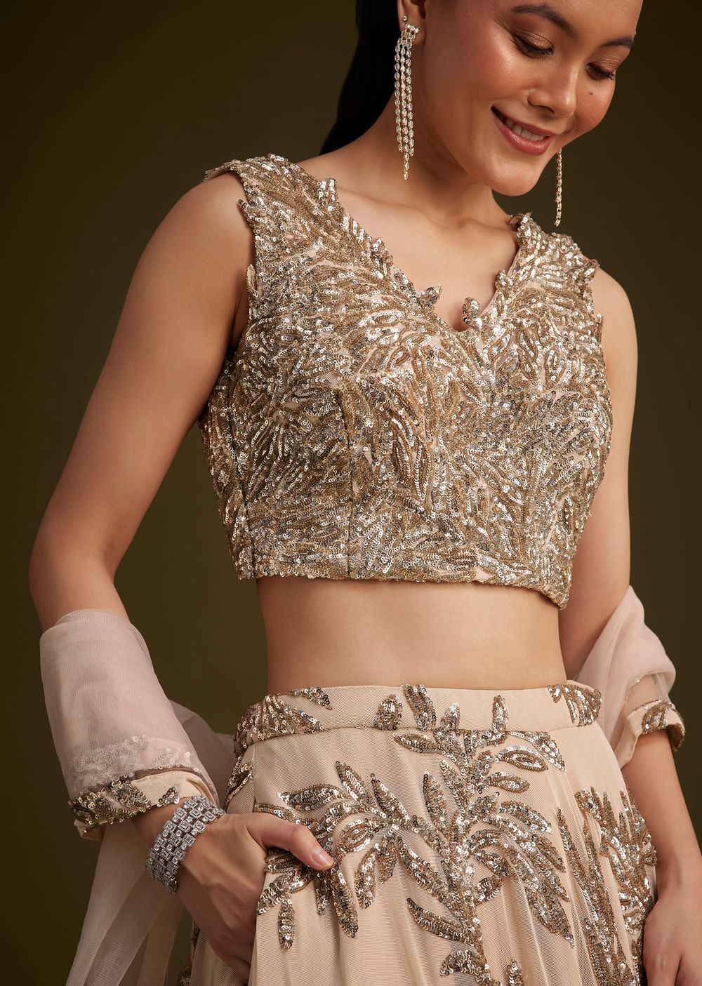 Beige Net Lehenga Set With Sequins Dupatta
