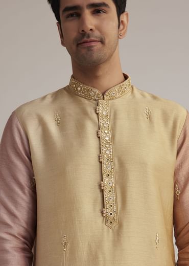 Beige Ombre Silk Kurta Set With Mirror Work