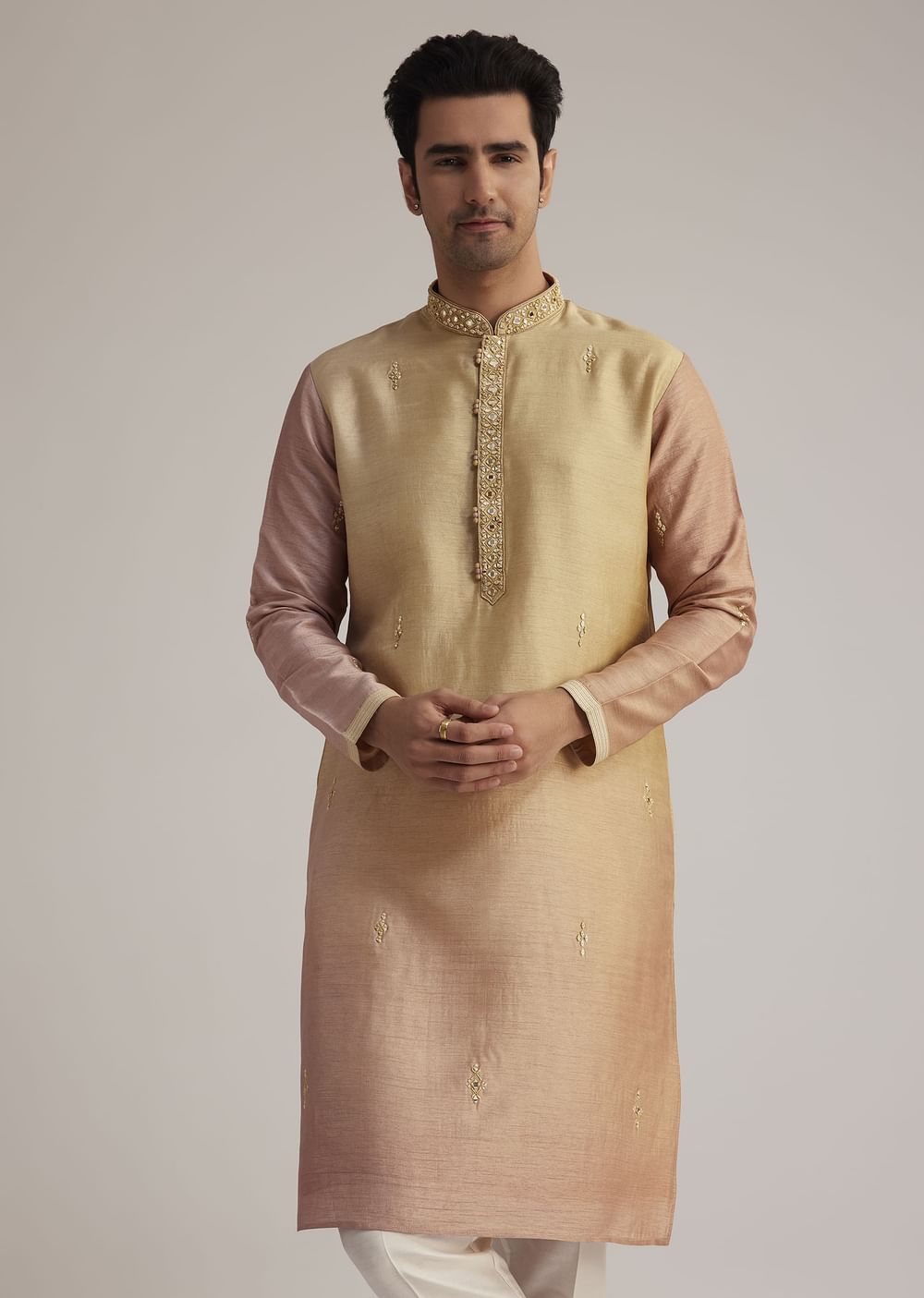 Beige Ombre Silk Kurta Set With Mirror Work