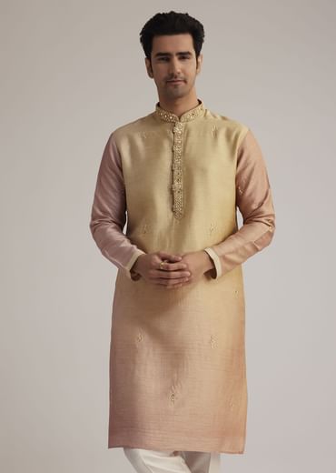 Beige Ombre Silk Kurta Set With Mirror Work