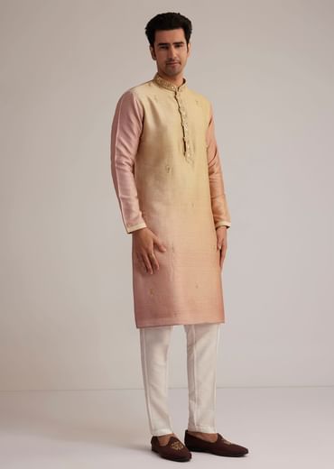 Beige Ombre Silk Kurta Set With Mirror Work