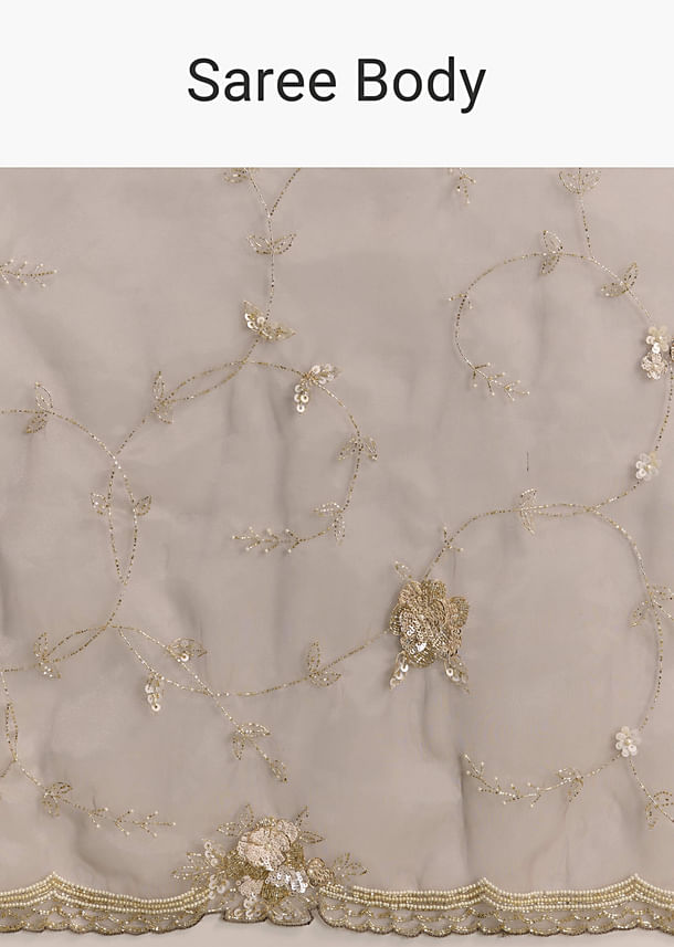 Beige Organza Embroidered Saree With Moti And Cutdana Work
