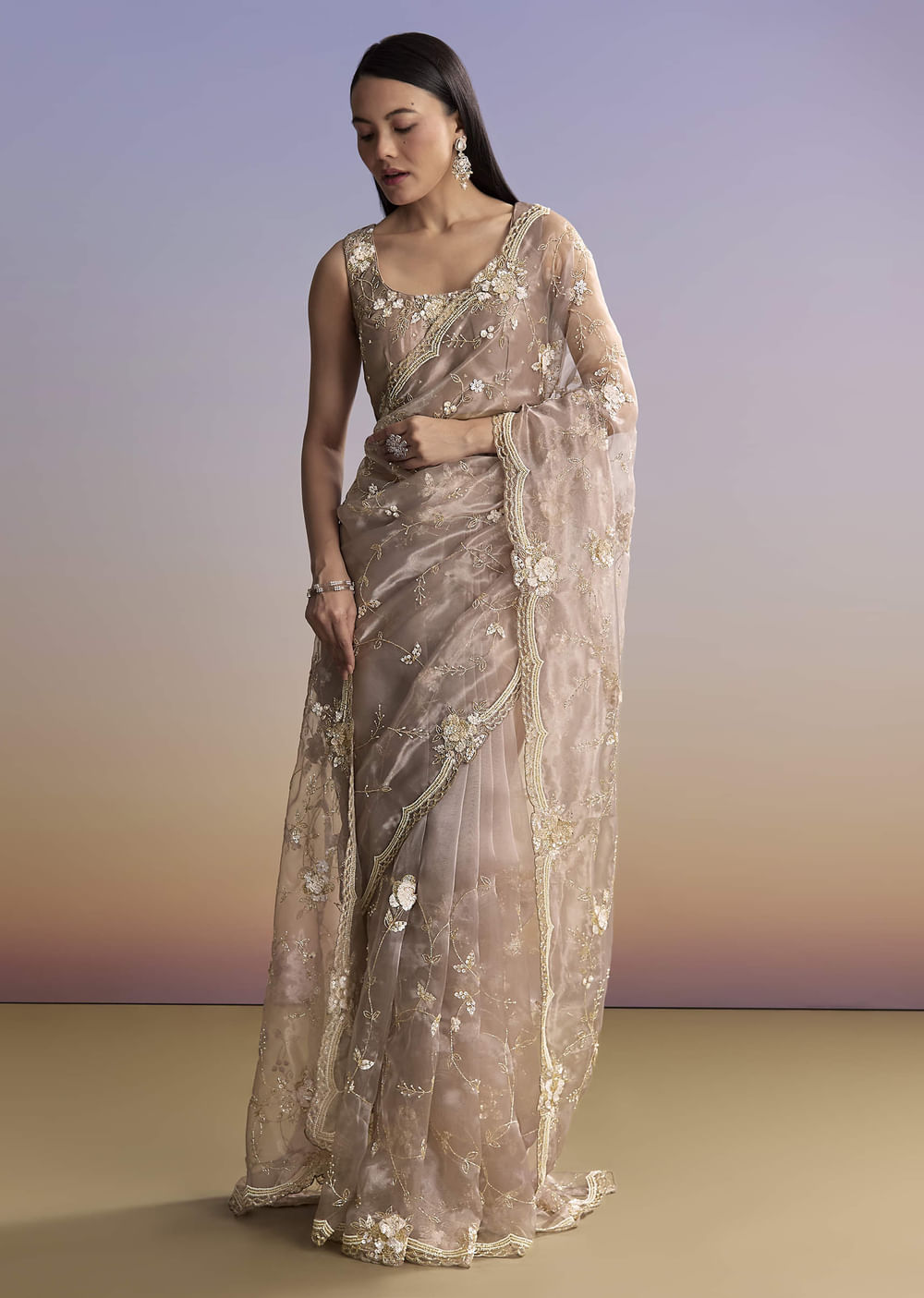 Beige Organza Embroidered Saree With Moti And Cutdana Work