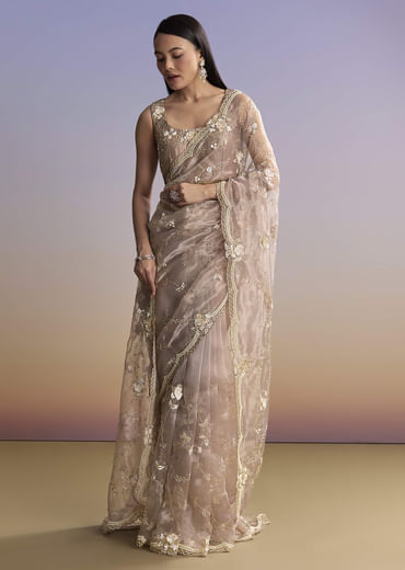 Beige Organza Embroidered Saree With Moti And Cutdana Work
