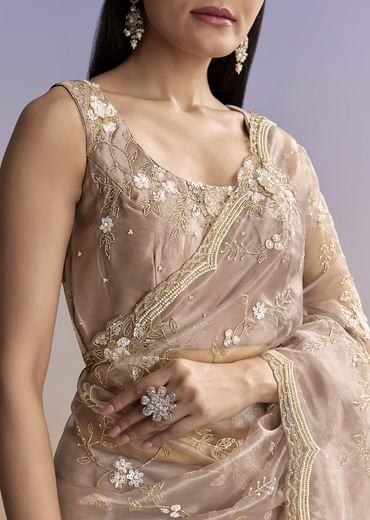 Beige Organza Embroidered Saree With Moti And Cutdana Work