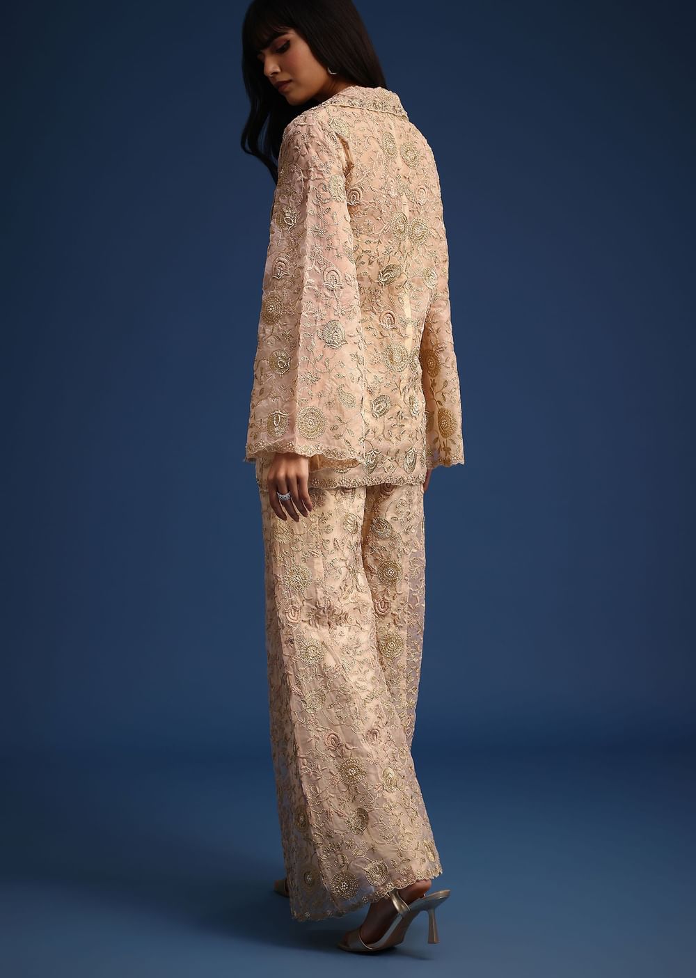 Beige Organza Zari Crop Top With Jacket And Palazzos