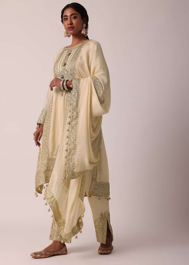 Beige Pant Set With Zardozi Work Kurta