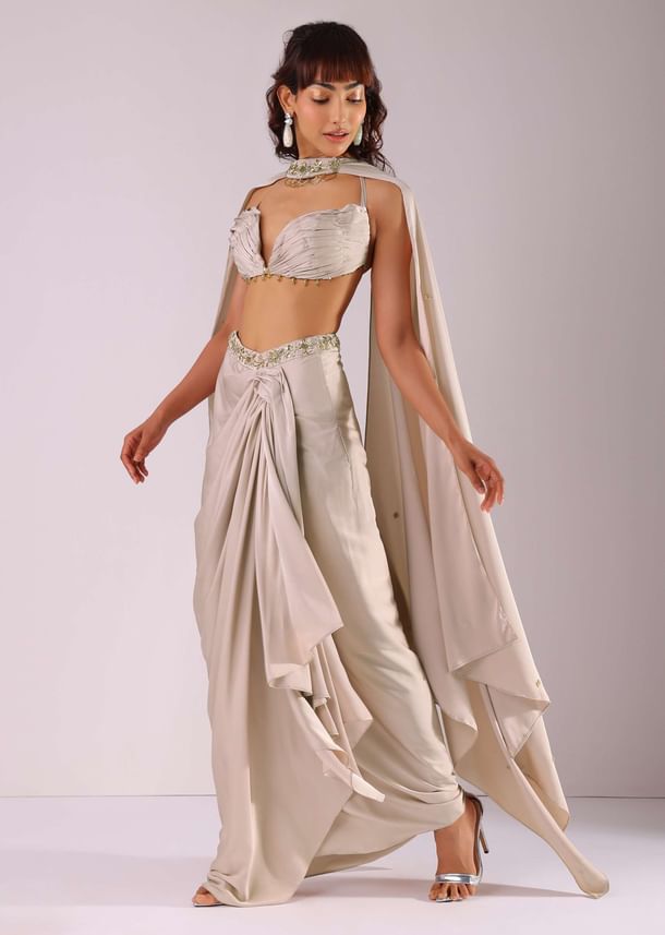 Beige Pleated Skirt And Top With Embroidered Choker Dupatta Beige Pleated Skirt And Top With Embroidered Choker Dupatta