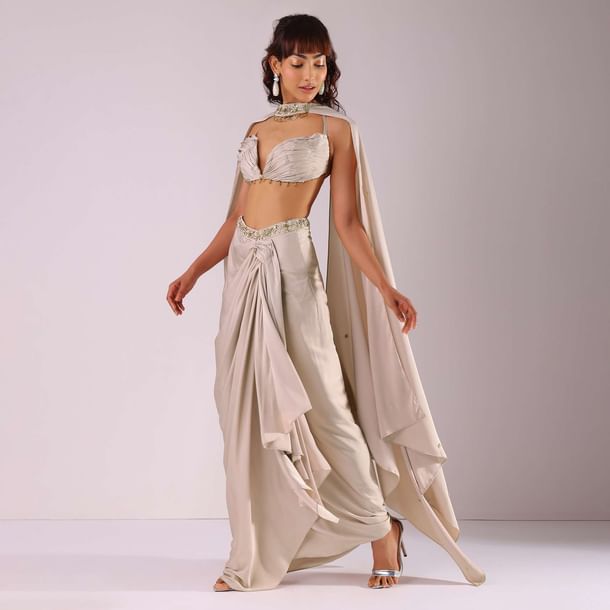 Beige Pleated Skirt And Top With Embroidered Choker Dupatta Beige Pleated Skirt And Top With Embroidered Choker Dupatta