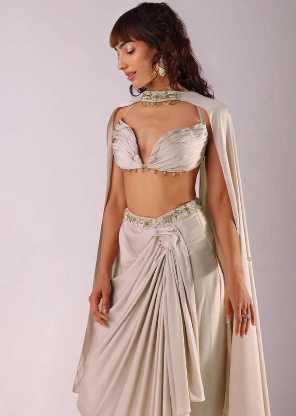 Beige Pleated Skirt And Top With Embroidered Choker Dupatta Beige Pleated Skirt And Top With Embroidered Choker Dupatta