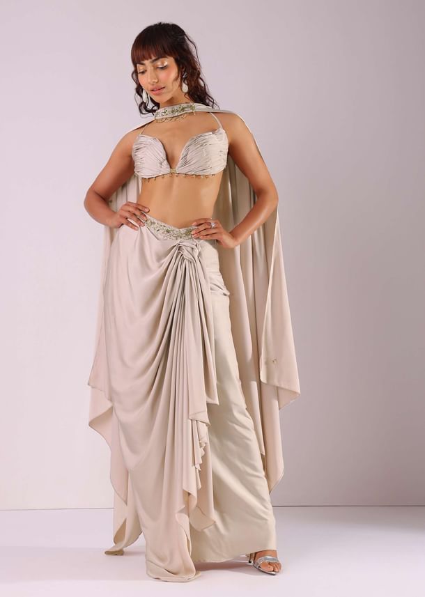 Beige Pleated Skirt And Top With Embroidered Choker Dupatta Beige Pleated Skirt And Top With Embroidered Choker Dupatta