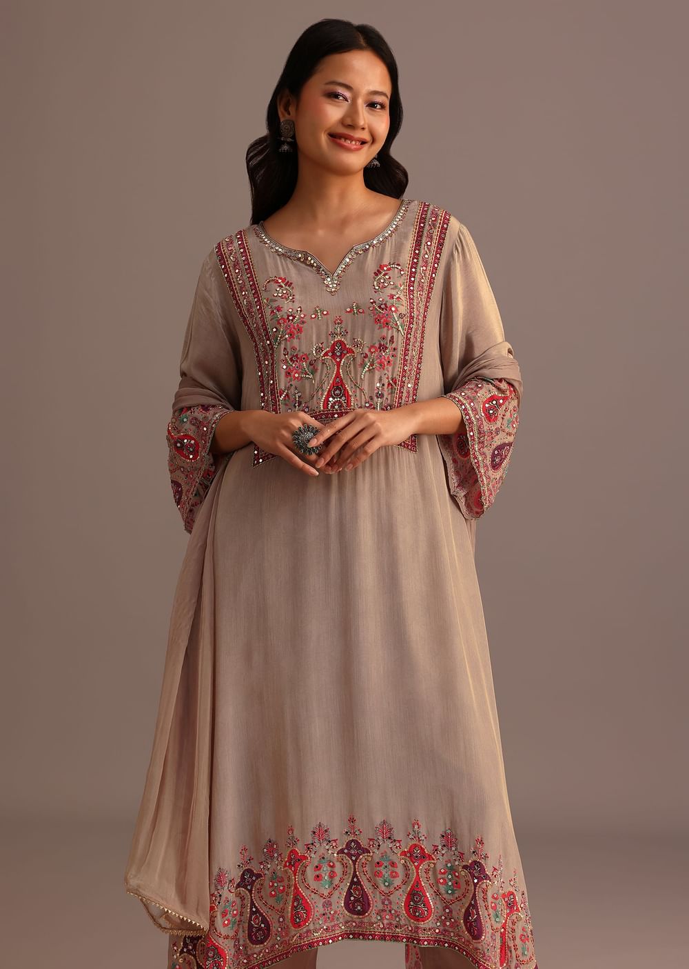 Beige Printed Kurti Pant Set With Chiffon Dupatta