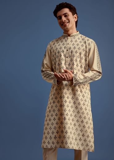 Beige Rayon Block Printed Kurta Set