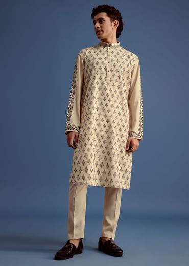 Beige Rayon Block Printed Kurta Set