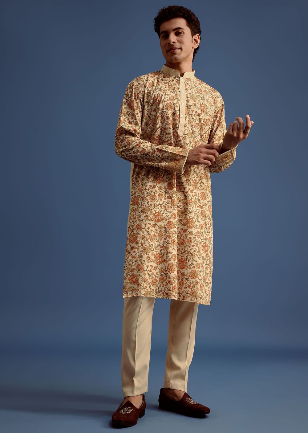Beige Rayon Floral Block Printed Kurta Set