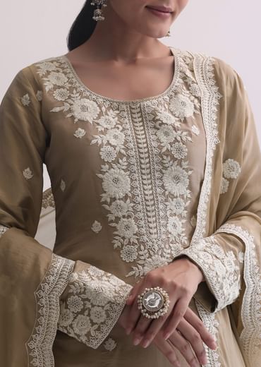 Beige Resham Threadwork Embroiderd Kurti Pant Set In Organza