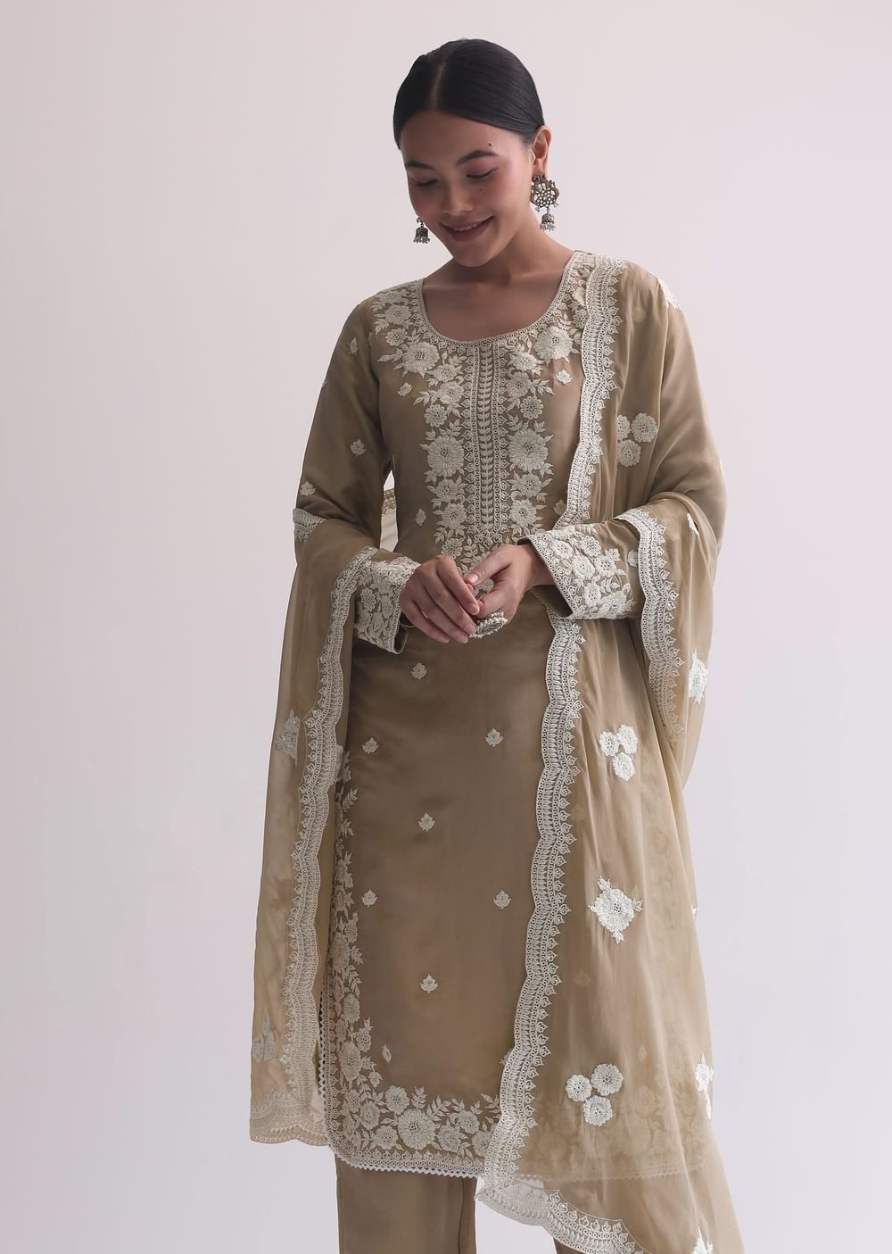 Beige Resham Threadwork Embroiderd Kurti Pant Set In Organza