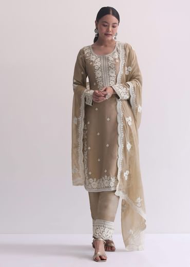 Beige Resham Threadwork Embroiderd Kurti Pant Set In Organza