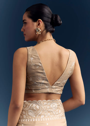 Beige Satin Cotton Saree With White Resham Embroidery