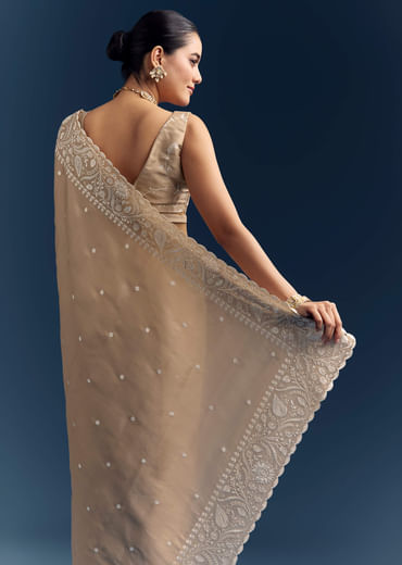 Beige Satin Cotton Saree With White Resham Embroidery