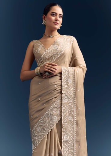 Beige Satin Cotton Saree With White Resham Embroidery