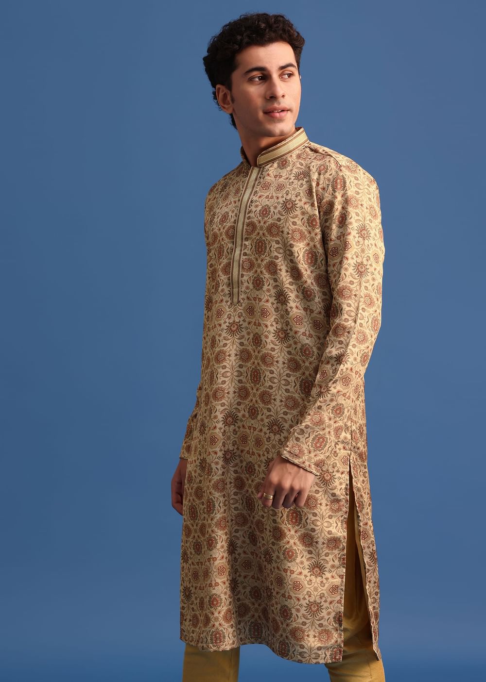 Beige Satin Printed Kurta Set For Men