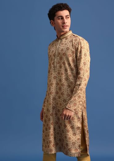 Beige Satin Printed Kurta Set For Men