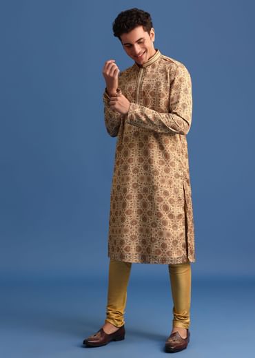 Beige Satin Printed Kurta Set For Men