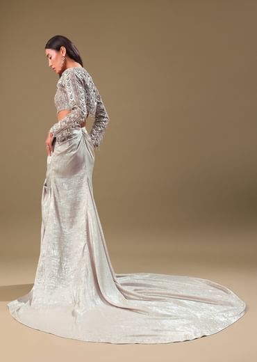 Beige Hand Embroidered Blouse And Drape Skirt With Cape