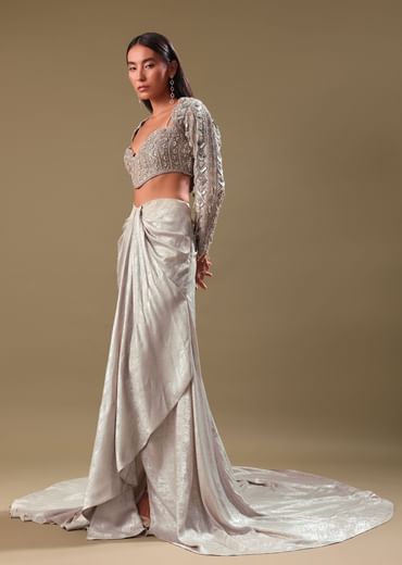 Beige Hand Embroidered Blouse And Drape Skirt With Cape