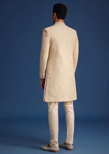 Beige Silk Blend Sherwani Set