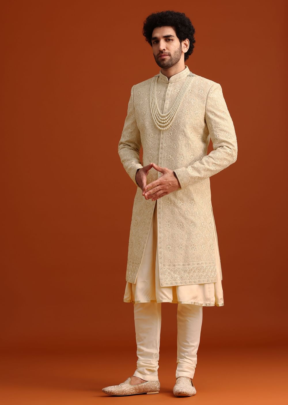 Beige Silk Embroidered Sherwani And Kurta Set With Dupatta